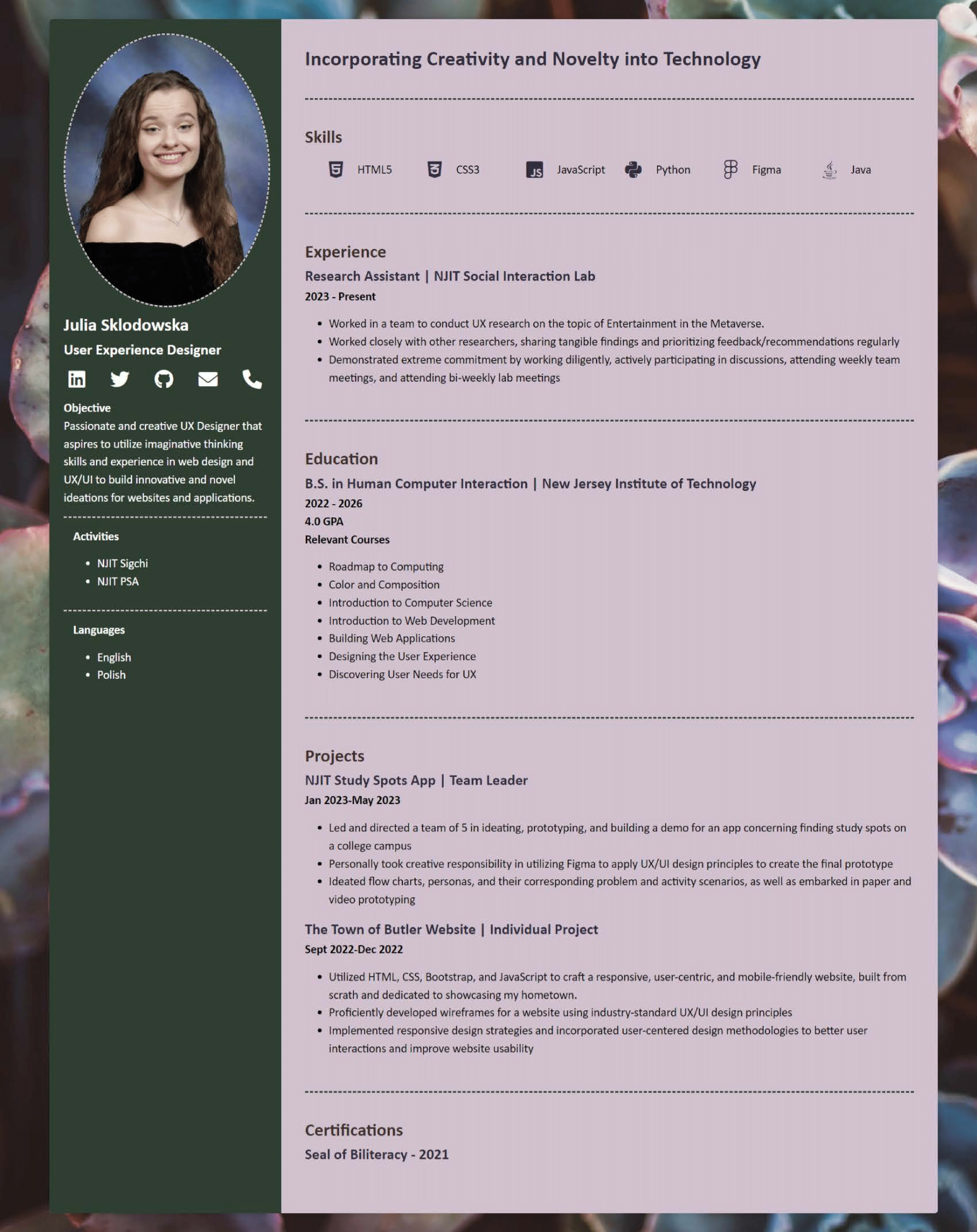 Julia Sklodowska's Resume